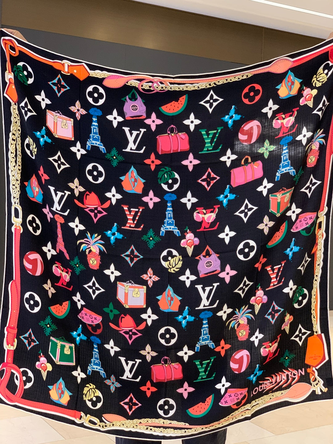 LV Scarf 135cm Black Multicolor Cashmere Mulberry Silk 976764