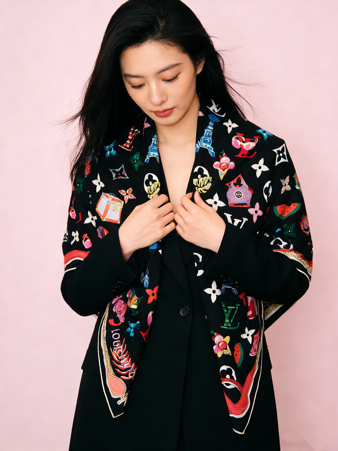 LV Scarf 135cm Black Multicolor Cashmere Mulberry Silk 976764