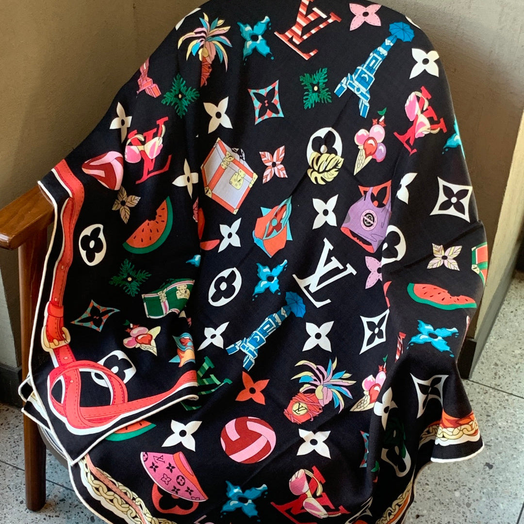 LV Scarf 135cm Black Multicolor Cashmere Mulberry Silk 976764