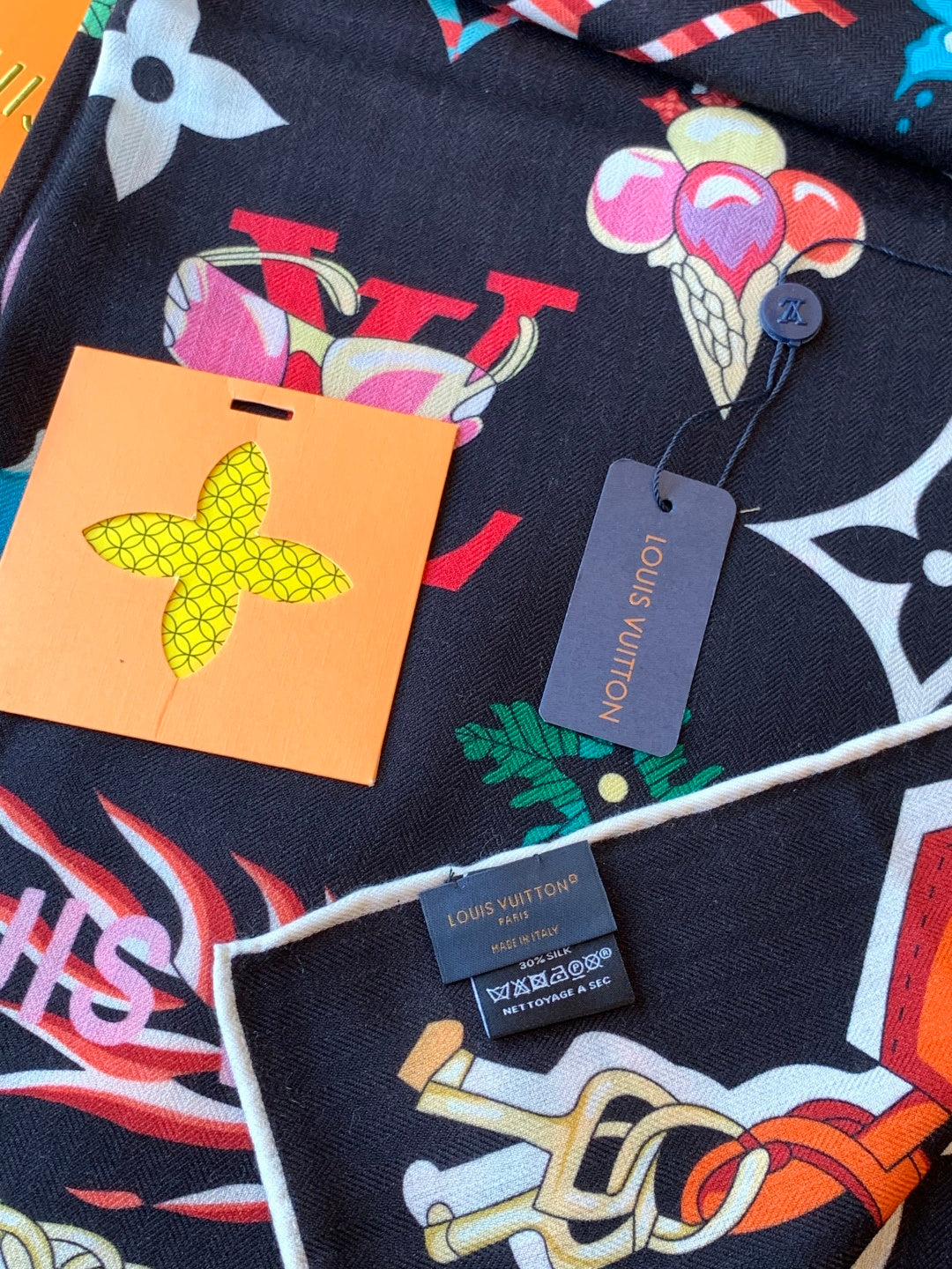 LV Scarf 135cm Black Multicolor Cashmere Mulberry Silk 976764