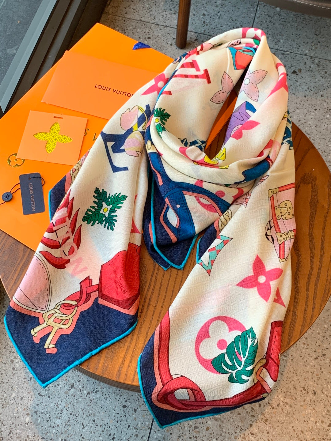 LV Scarf 135cm White Multicolor Cashmere Mulberry Silk 976763