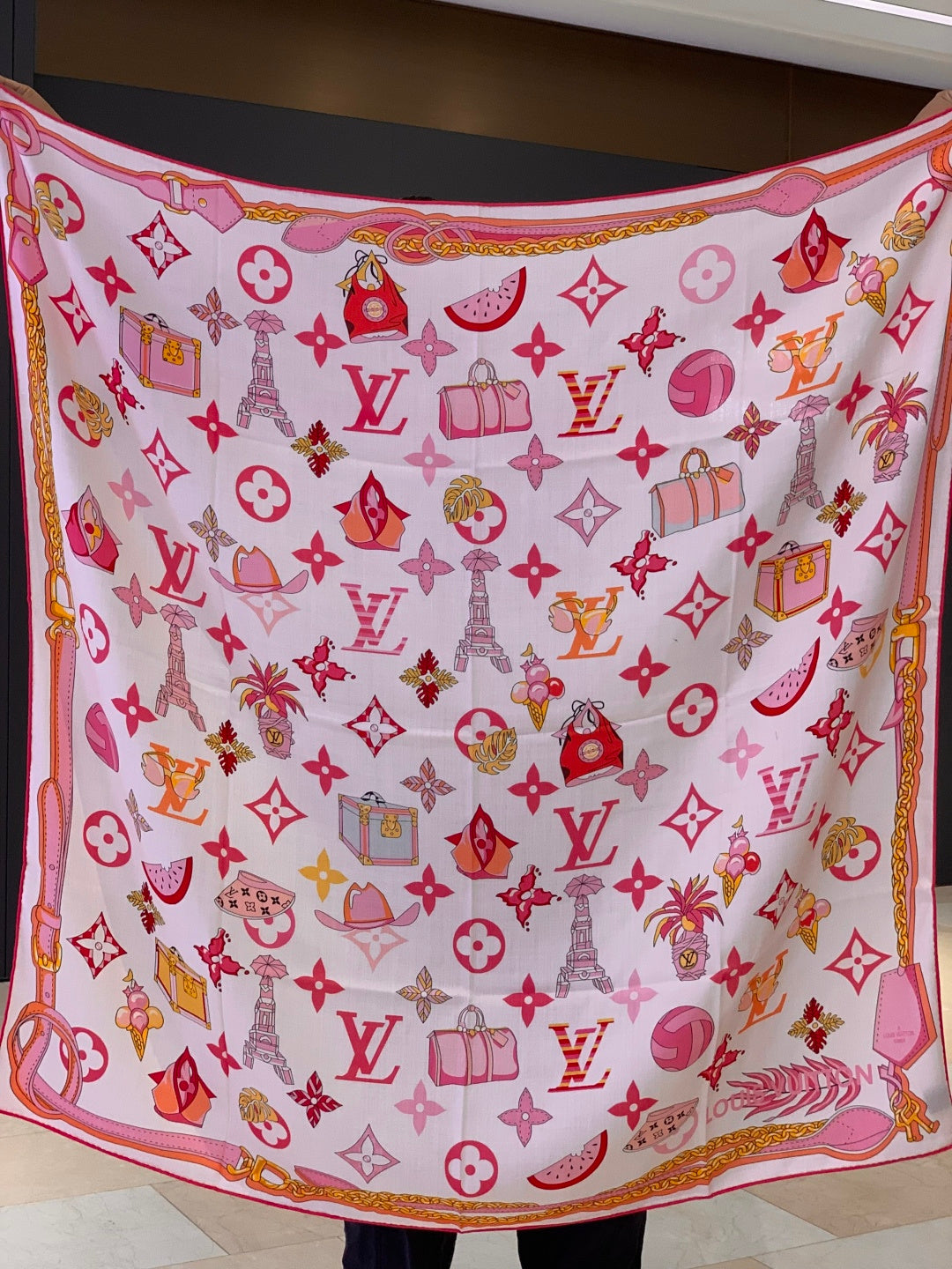 LV Scarf 135cm Pink White Cashmere Mulberry Silk 976765