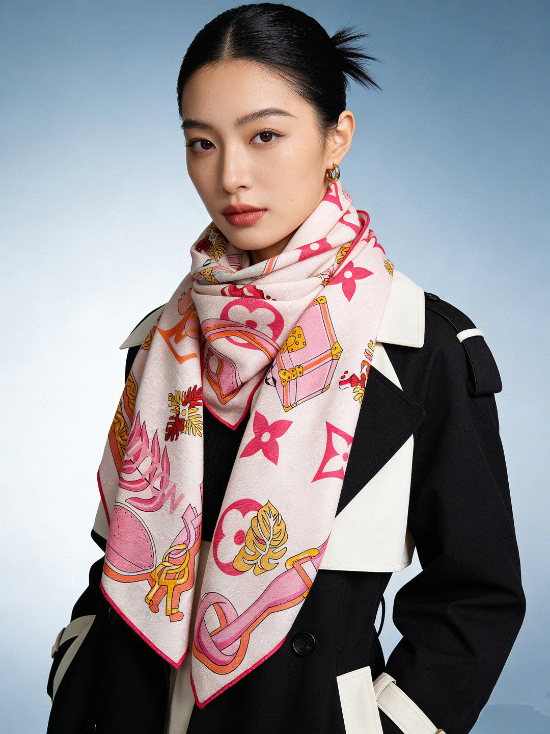 LV Scarf 135cm Pink White Cashmere Mulberry Silk 976765