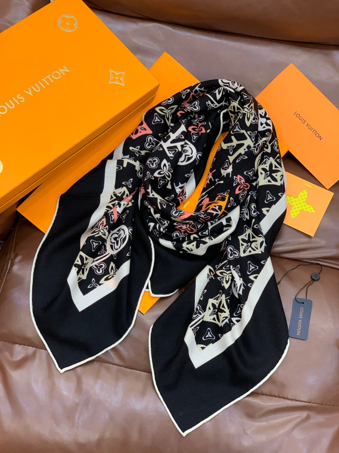 LV Double-Sided Shawl Scarf 140cm Black Multicolor Silk Cashmere 976741