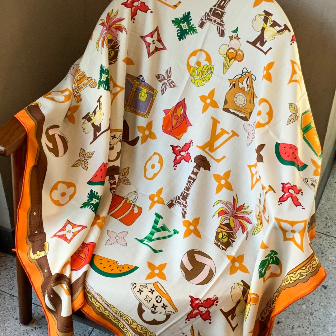 LV Scarf 135cm White Orange Multicolor Cashmere Mulberry Silk 976762