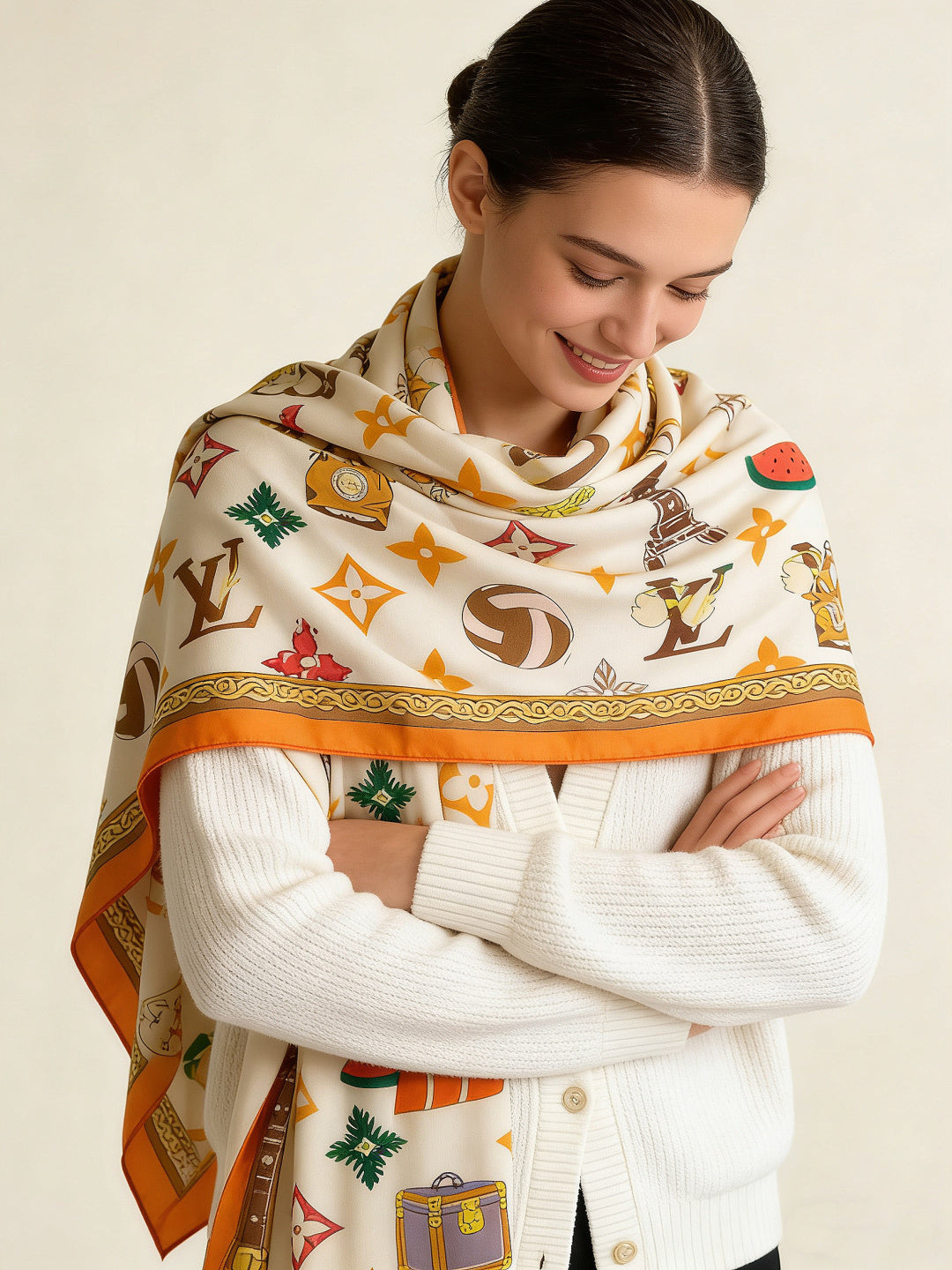 LV Scarf 135cm White Orange Multicolor Cashmere Mulberry Silk 976762