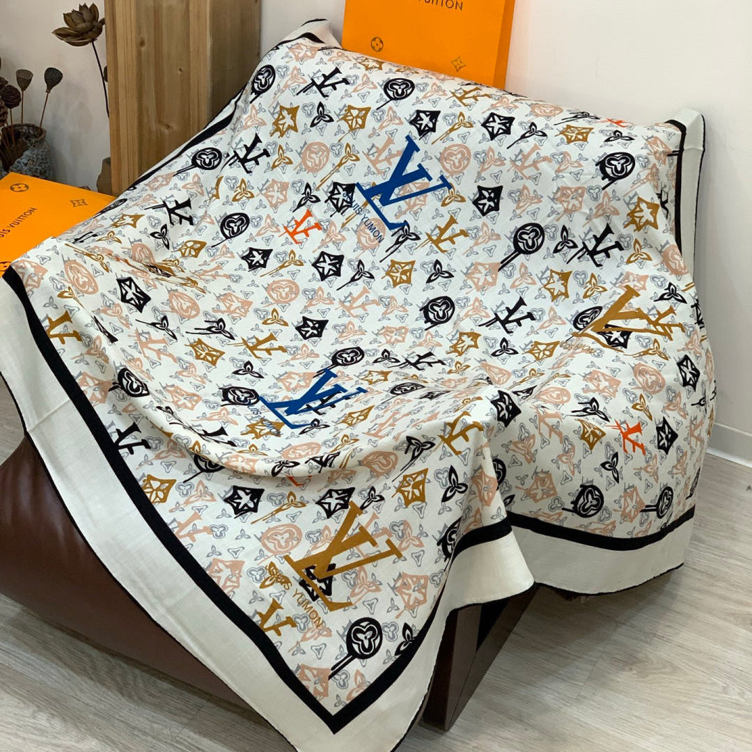 LV Double-Sided Shawl Scarf 140cm White Blue Silk Cashmere 976742