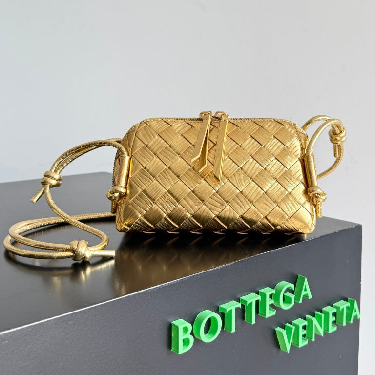 Bottega Veneta 2026 Concert Pouch Bag 18.5 Gold Metallic Intrecciato Leather