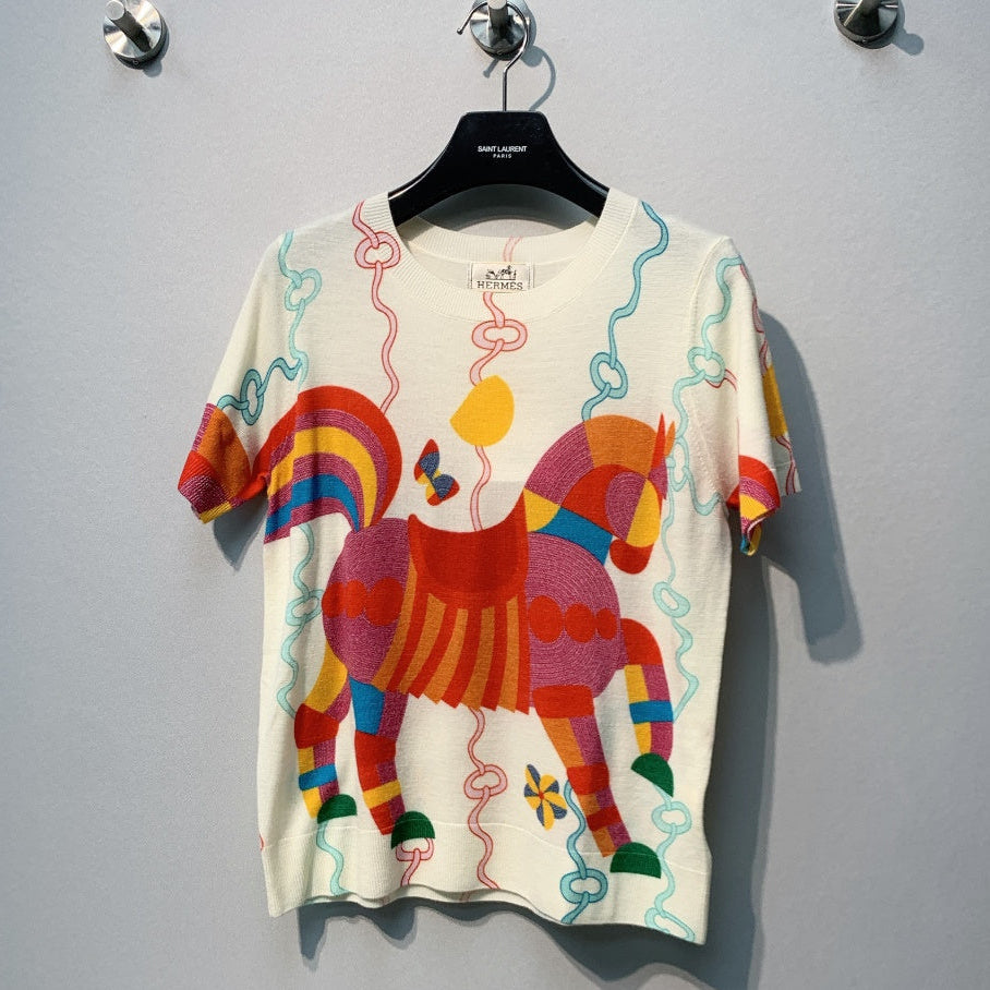 Hermes 2026 Horse Short-Sleeve T-Shirt Cream Mix Colors Cotton 376737