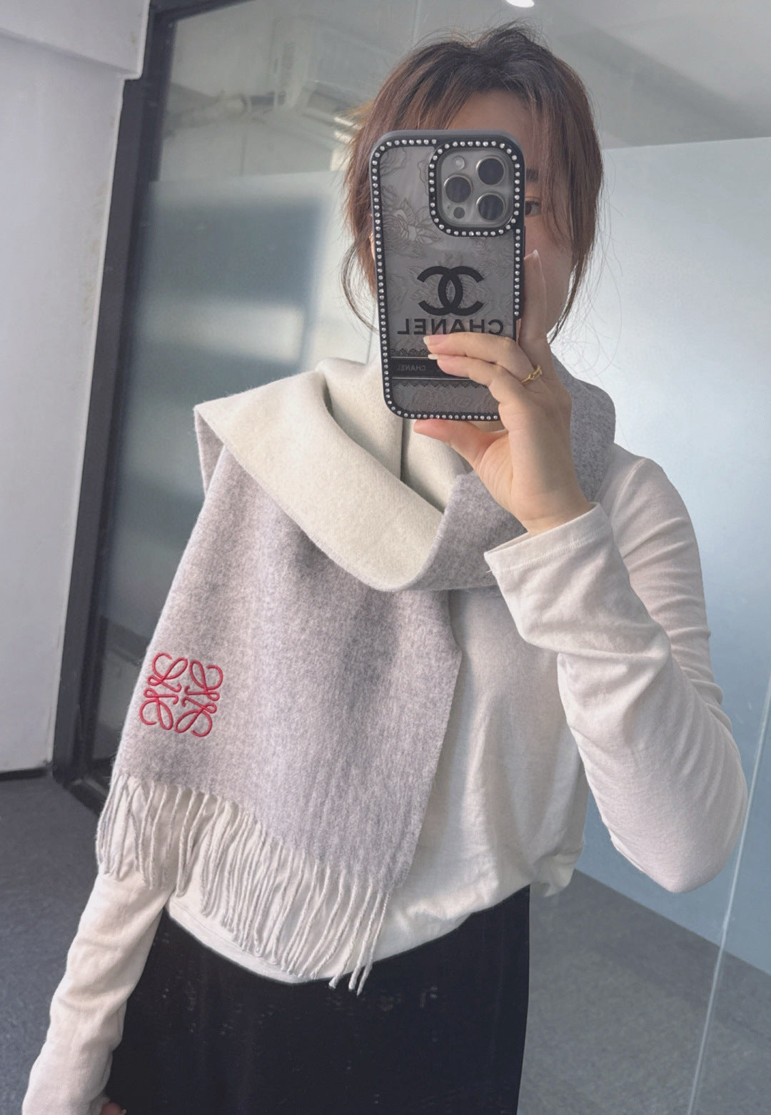 Loewe Scarf 180CM Gray White Cashmere 967042