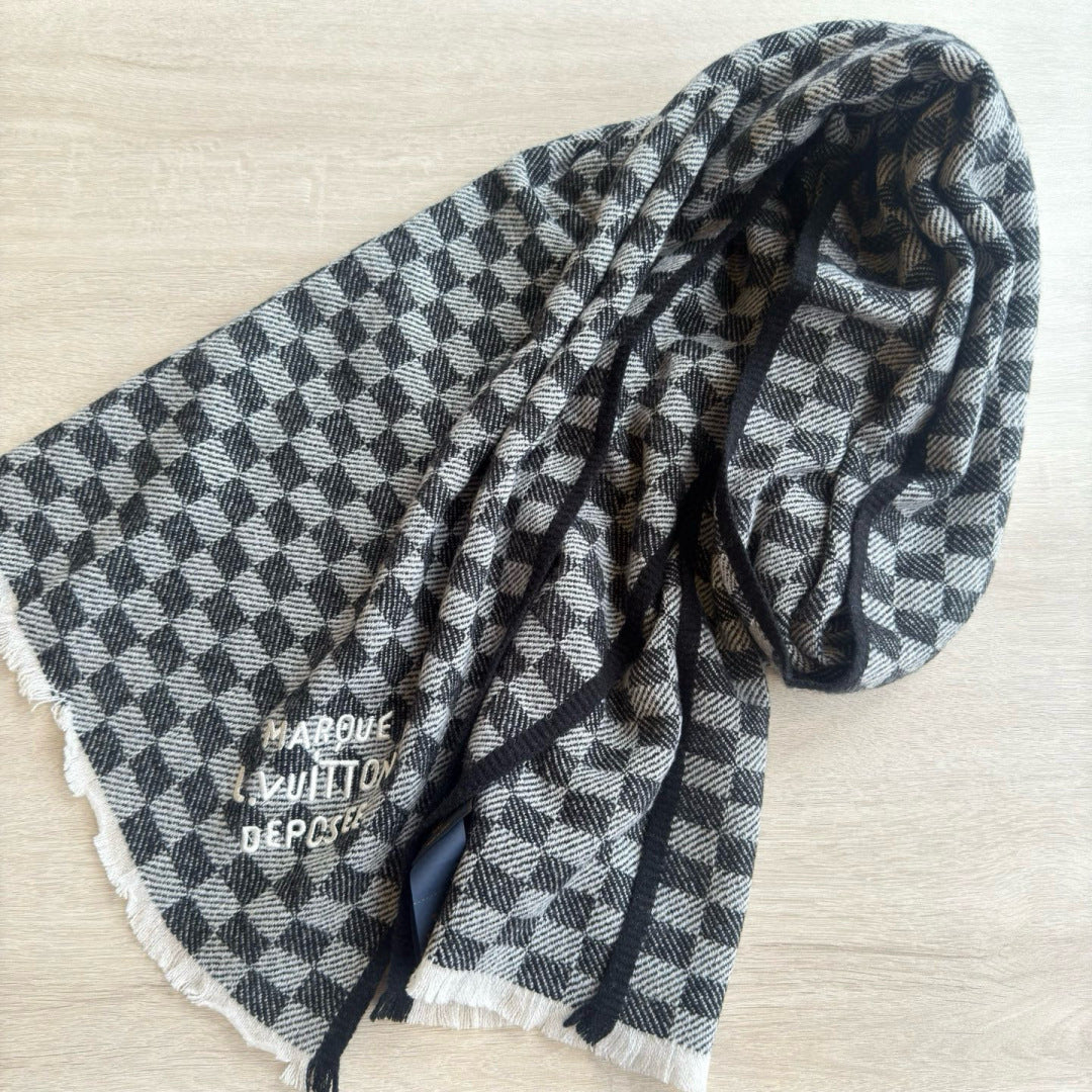 LV Classic Scarf 190cm Black Gray Cashmere 971113