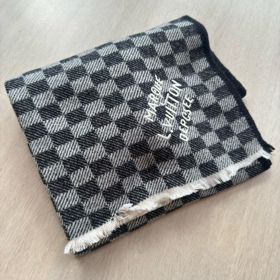 LV Classic Scarf 190cm Black Gray Cashmere 971113