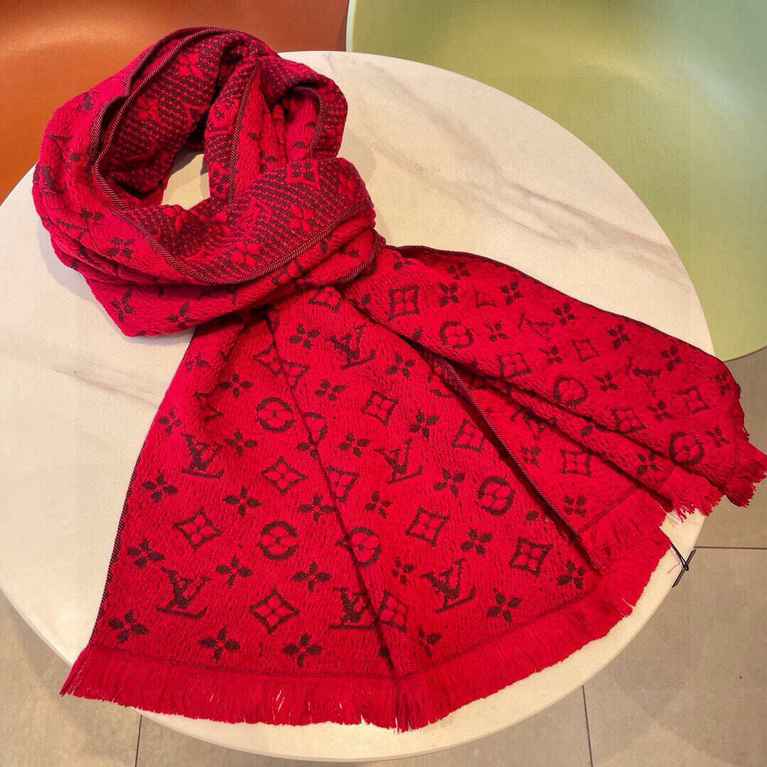 LV Scarf 180cm Red Black Cashmere 973413