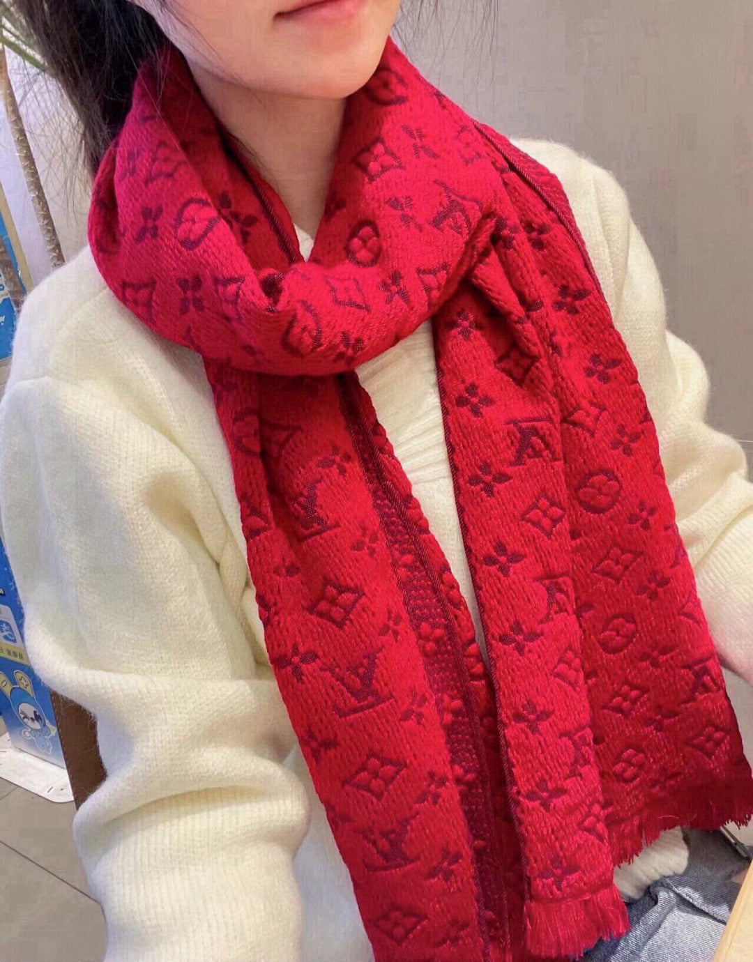 LV Scarf 180cm Red Black Cashmere 973413