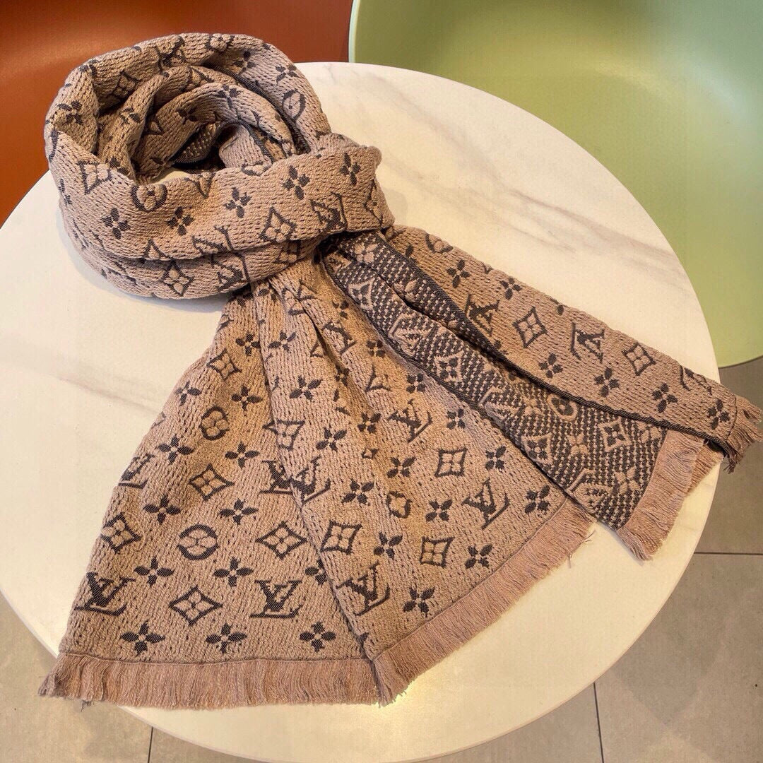 LV Scarf 180cm Beige Black Cashmere 973414