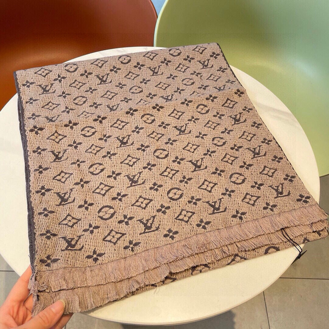 LV Scarf 180cm Beige Black Cashmere 973414