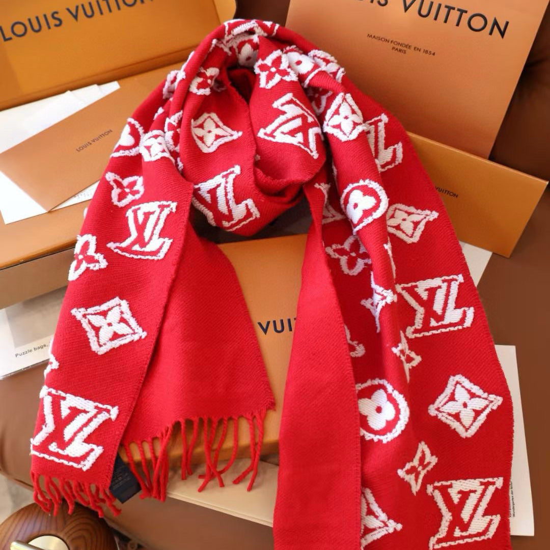 LV 3D Scarf 220cm Red White Cashmere 973418