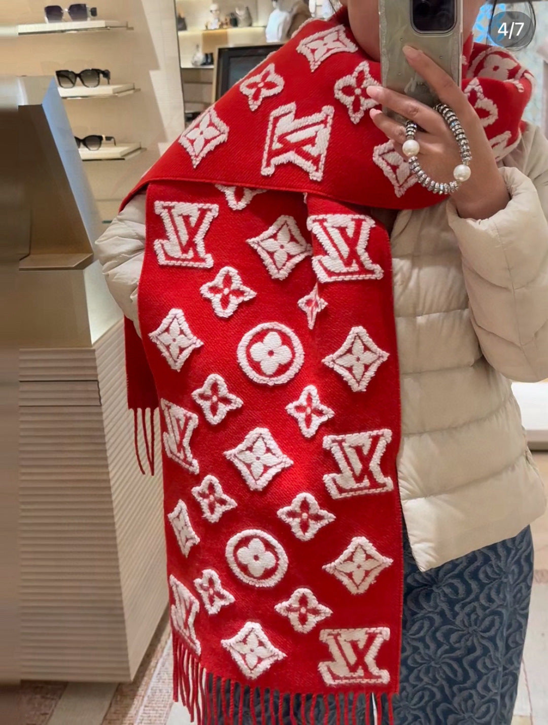 LV 3D Scarf 220cm Red White Cashmere 973418