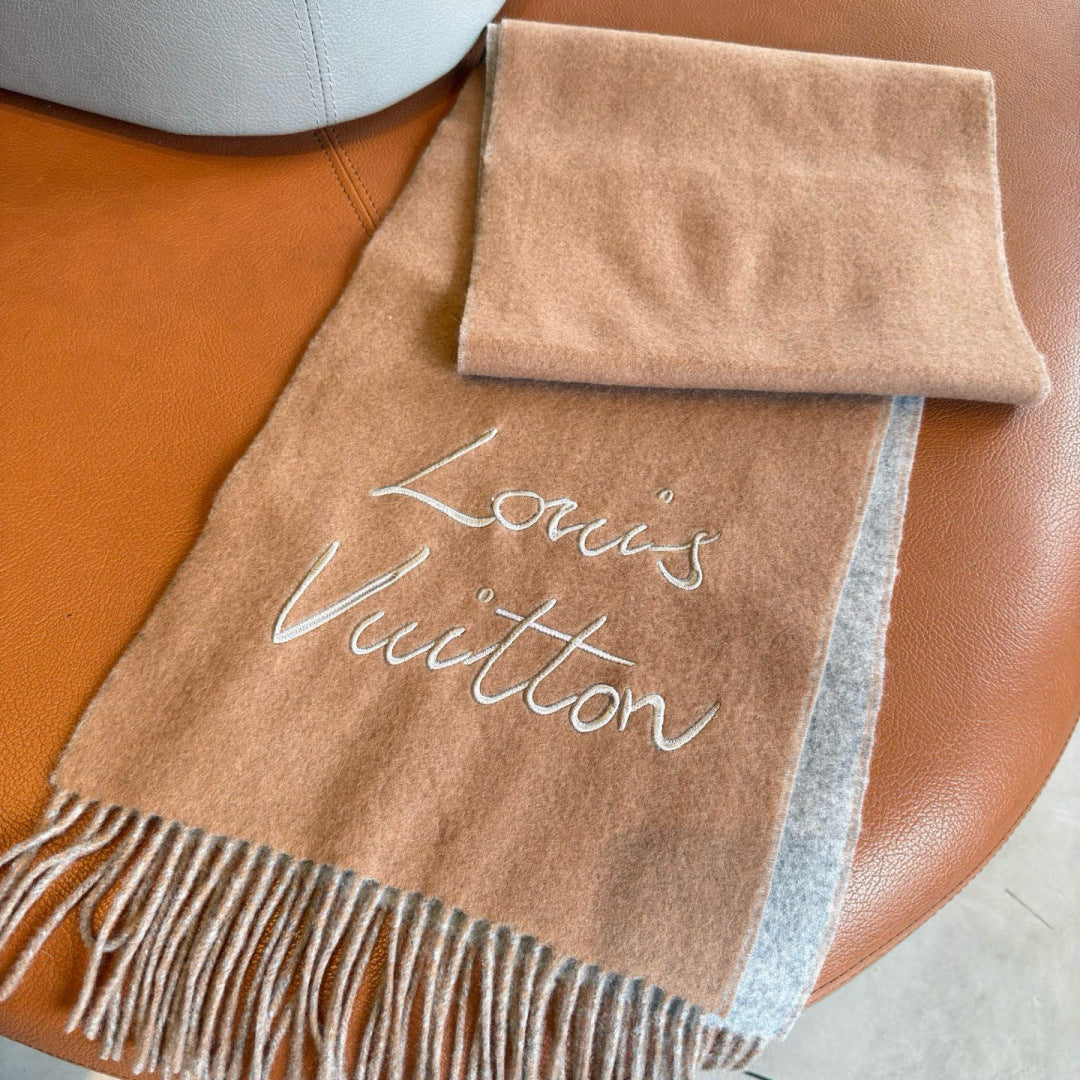 LV Reversible Scarf 180cm Light Brown Gray Sheep Wool 978752