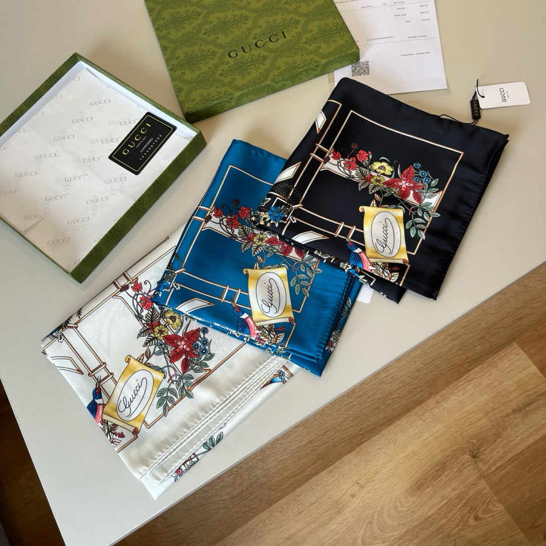 GG Signature Floral Scarf 90CM Black Muticolor Twill Mulberry Silk 280660