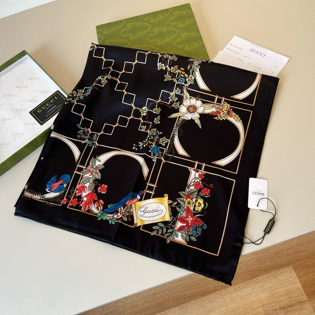 GG Signature Floral Scarf 90CM Black Muticolor Twill Mulberry Silk 280660