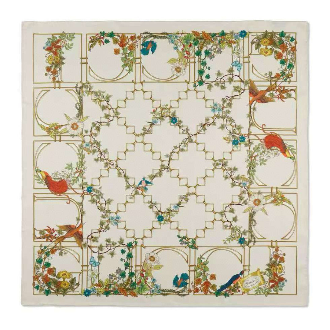 GG Signature Floral Scarf 90CM Cream Muticolor Twill Mulberry Silk 280661