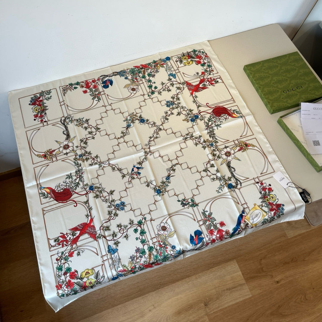 GG Signature Floral Scarf 90CM Cream Muticolor Twill Mulberry Silk 280661