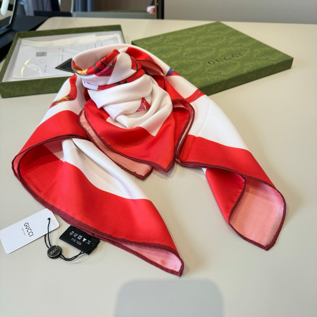 GG Signature Floral Scarf 90CM  White Red Twill Silk 280694