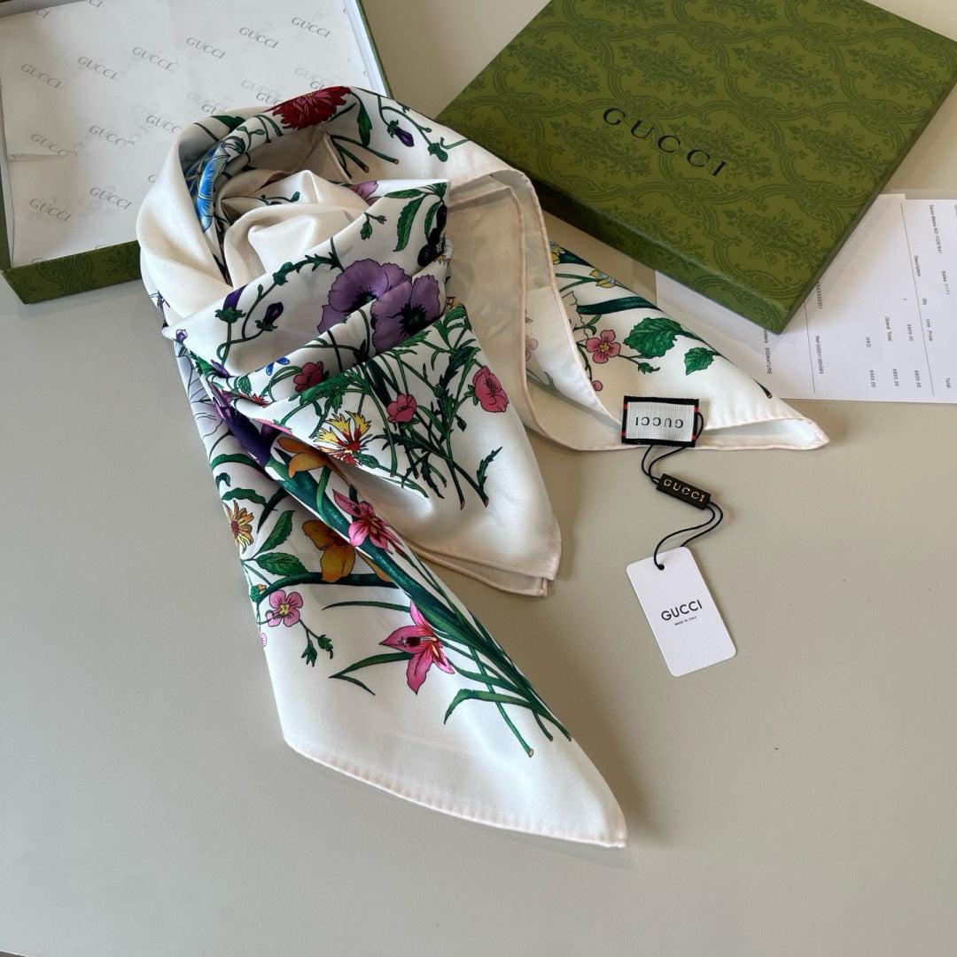 GG Scarf 90CM  White Multi-Colored Floral Mulberry Silk 286774