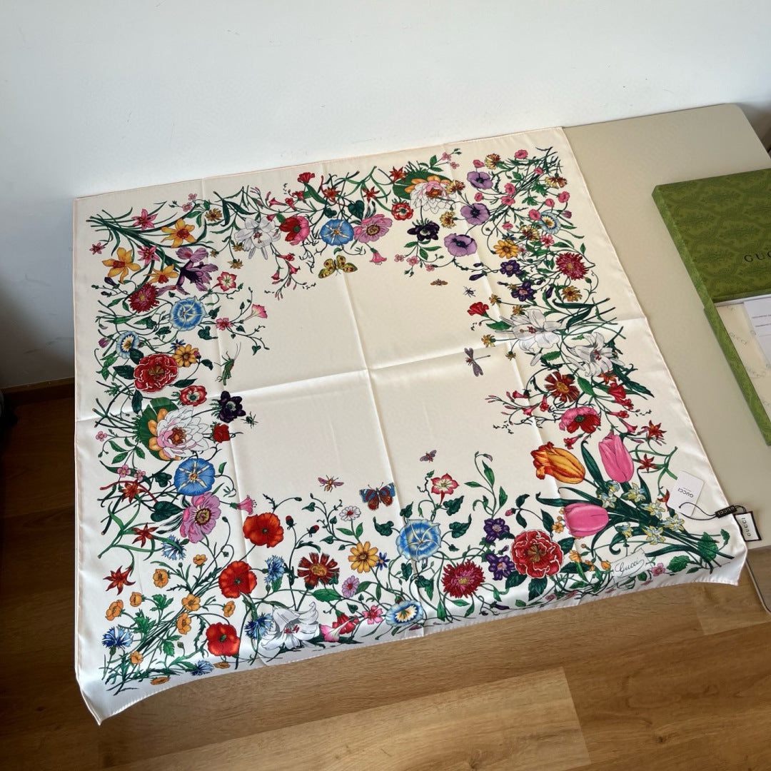 GG Scarf 90CM  White Multi-Colored Floral Mulberry Silk 286774