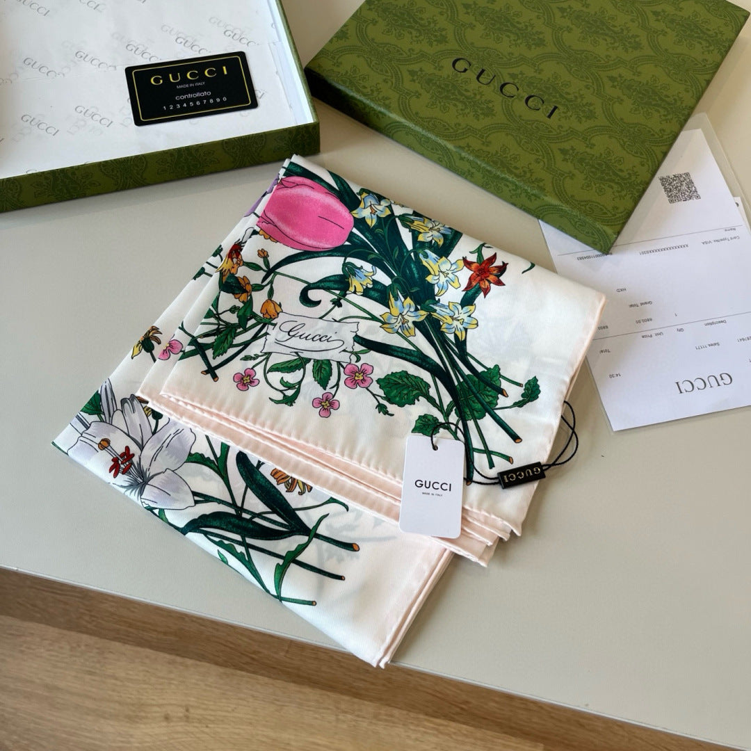 GG Scarf 90CM  White Multi-Colored Floral Mulberry Silk 286774