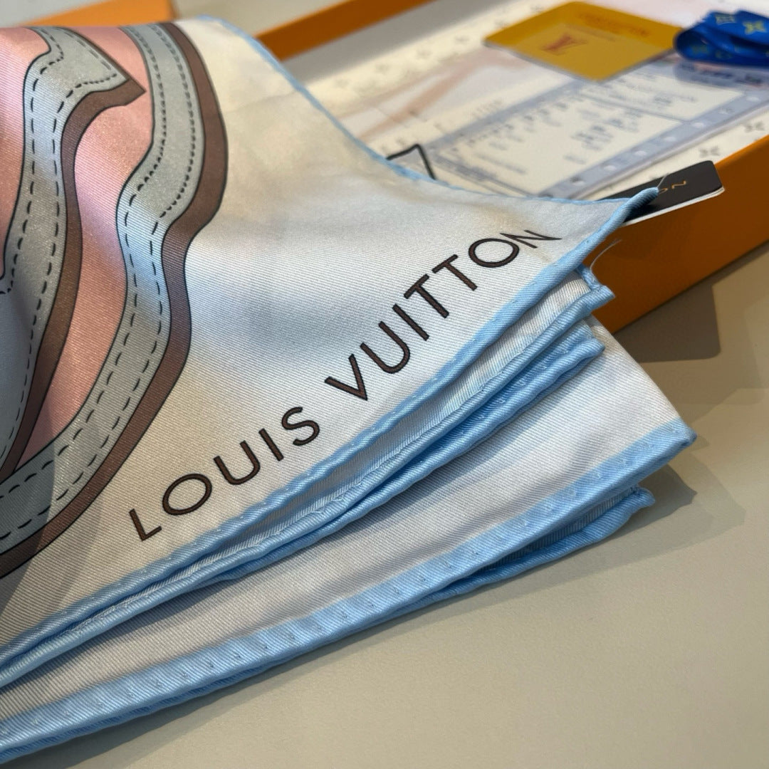 LV Double Sided Scarf 90 Light Pink Blue Monogram Mulberry Silk 156049