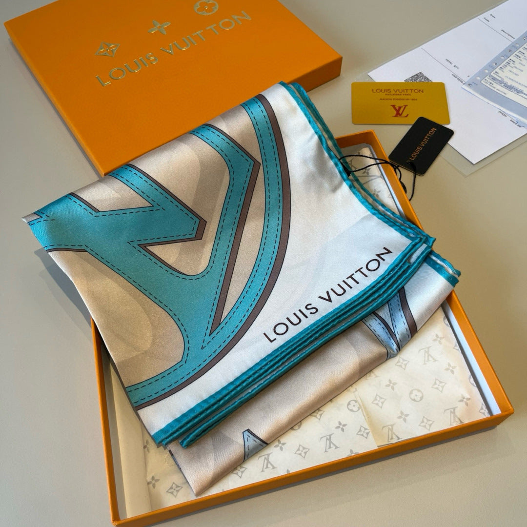 LV Double Sided Scarf 90 Beige Turquoise Monogram Mulberry Silk 156050