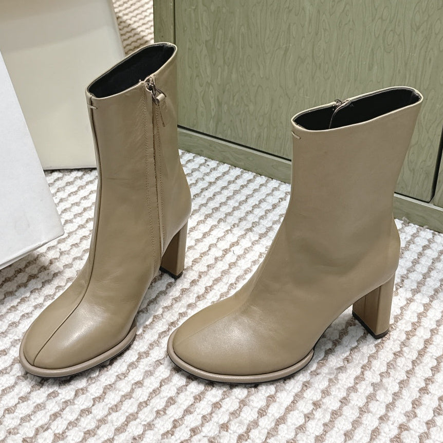 The Row 2025 Chunky Heel Round Toe Ankle Boot Taupe Leather 572088