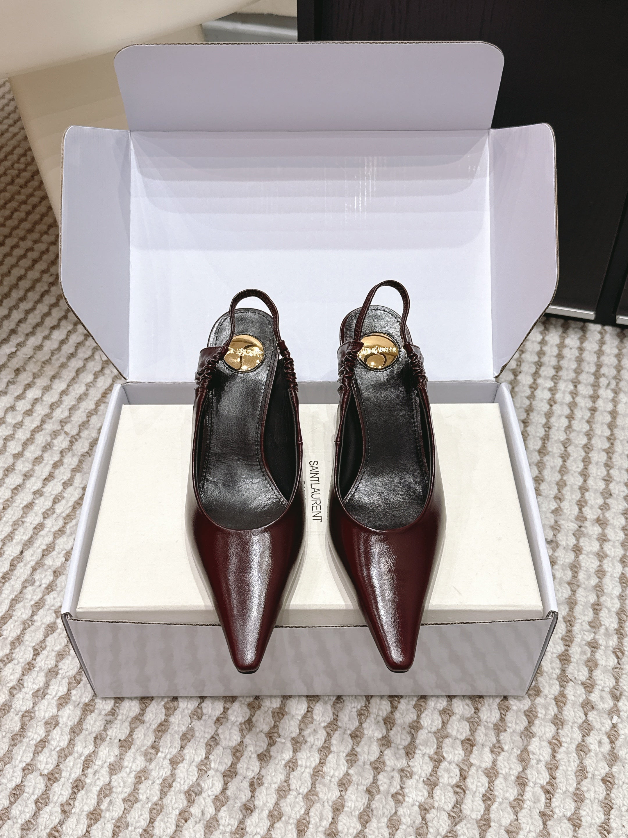 YSL 26ss Slingback 75 Burgundy Glossy Leather  654717