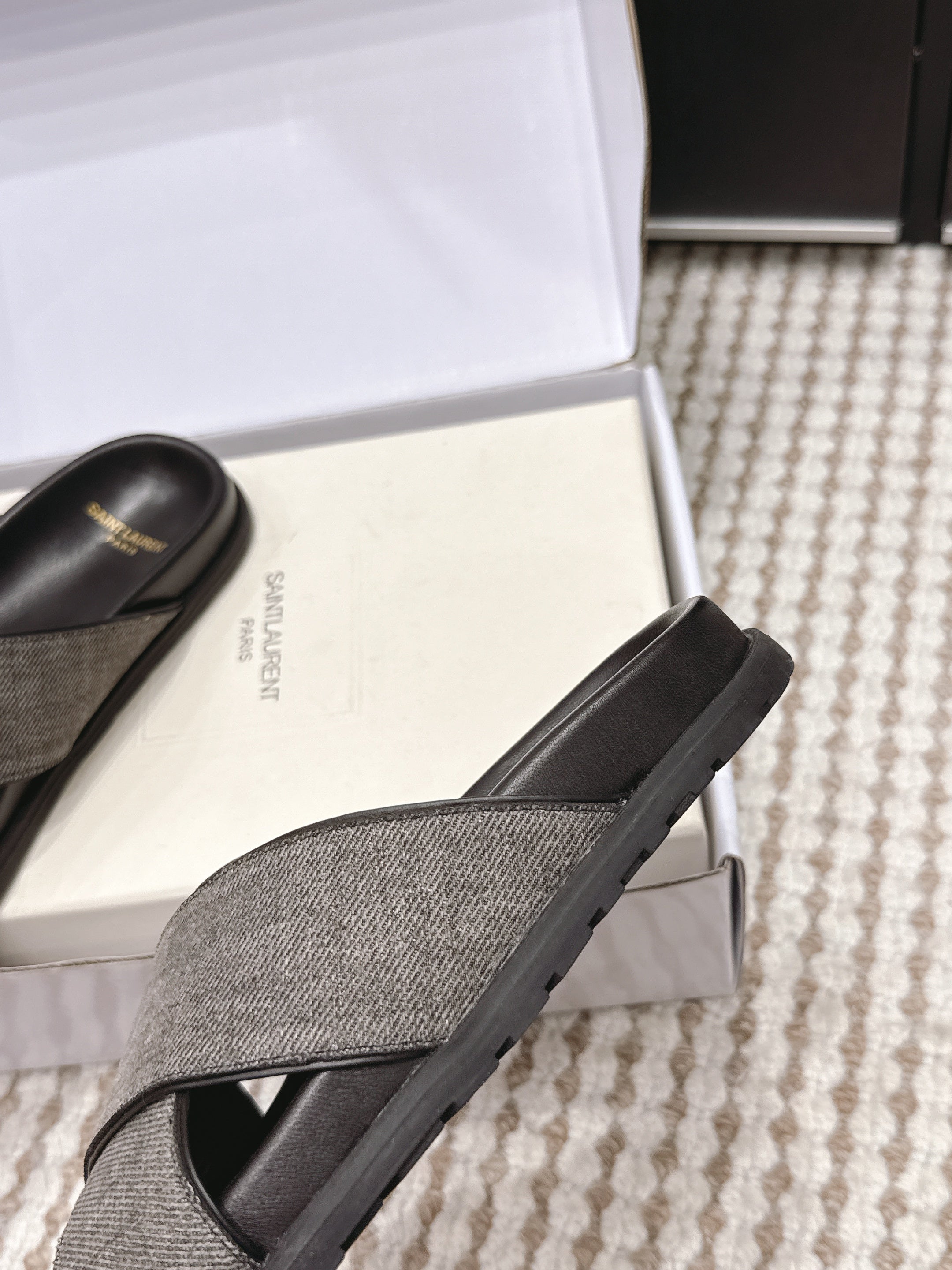 YSL 26ss Platform Slippers Black Gray Denim Leather 663216