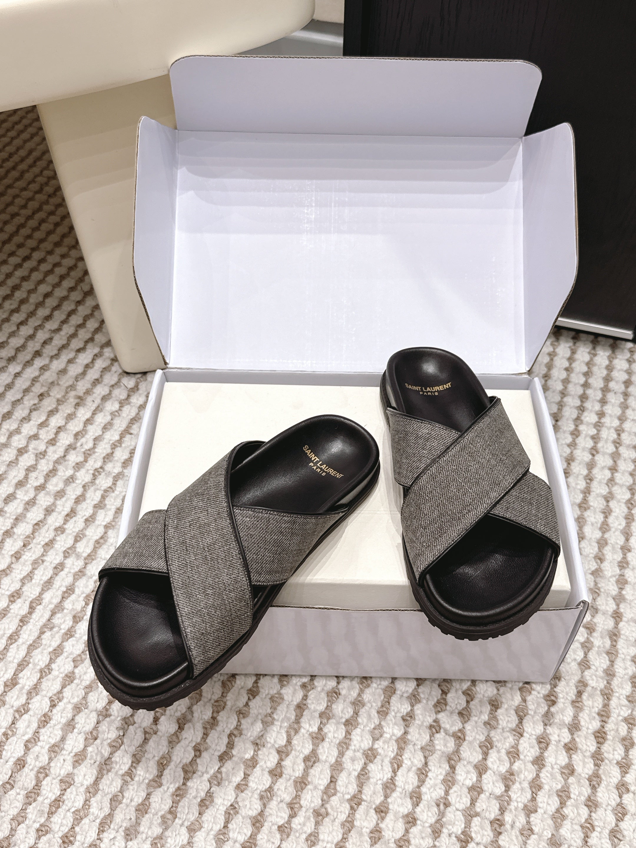 YSL 26ss Platform Slippers Black Gray Denim Leather 663216