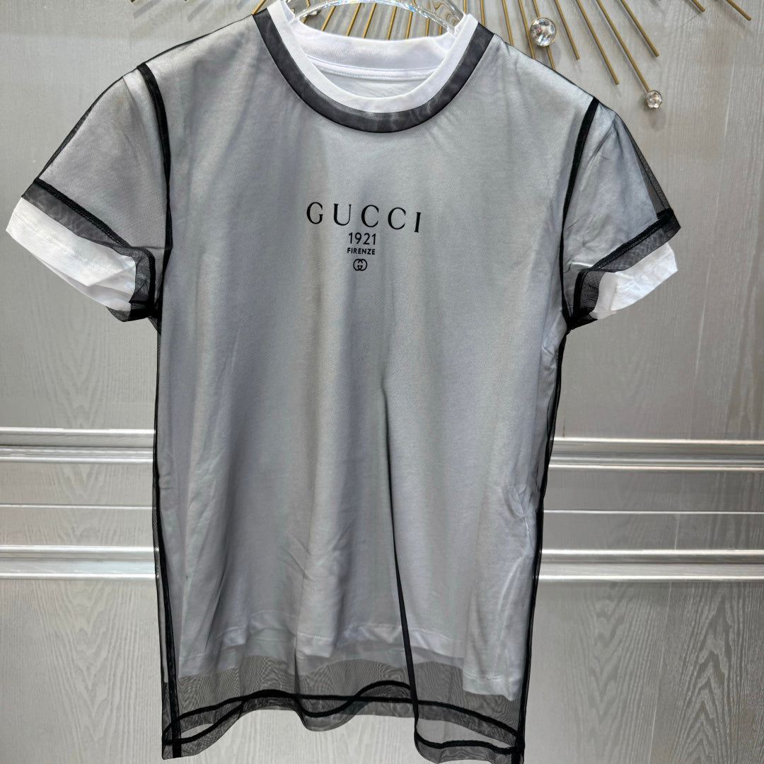 Gucci 2026 T-shirt Black White Mesh Cotton