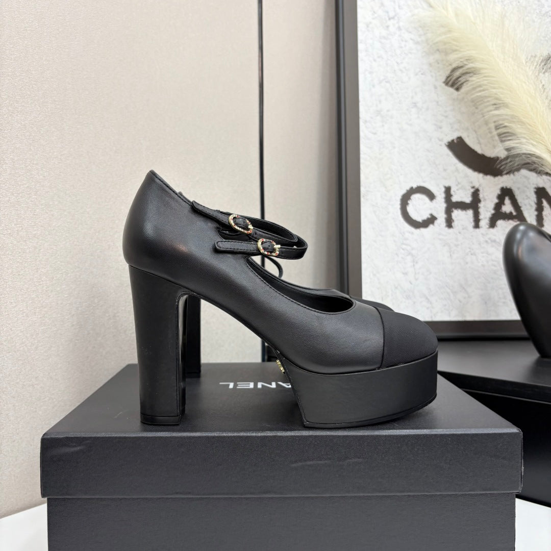 CC 25S Mary Jane Platform 11cm Black Calfskin Grosgrain
