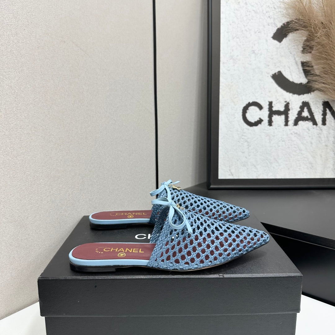 Chanel 2026 Pointed-Toe Bow Mules Mesh Sheepskin 925800