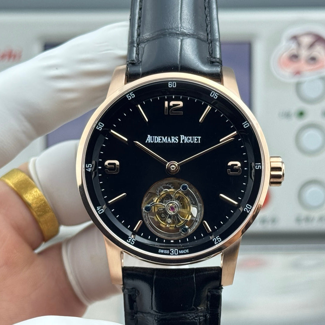 Audemars Piguet Code 11.59 Selfwinding Flying Tourbillon Rose Gold Case Black Dial Leather Strap