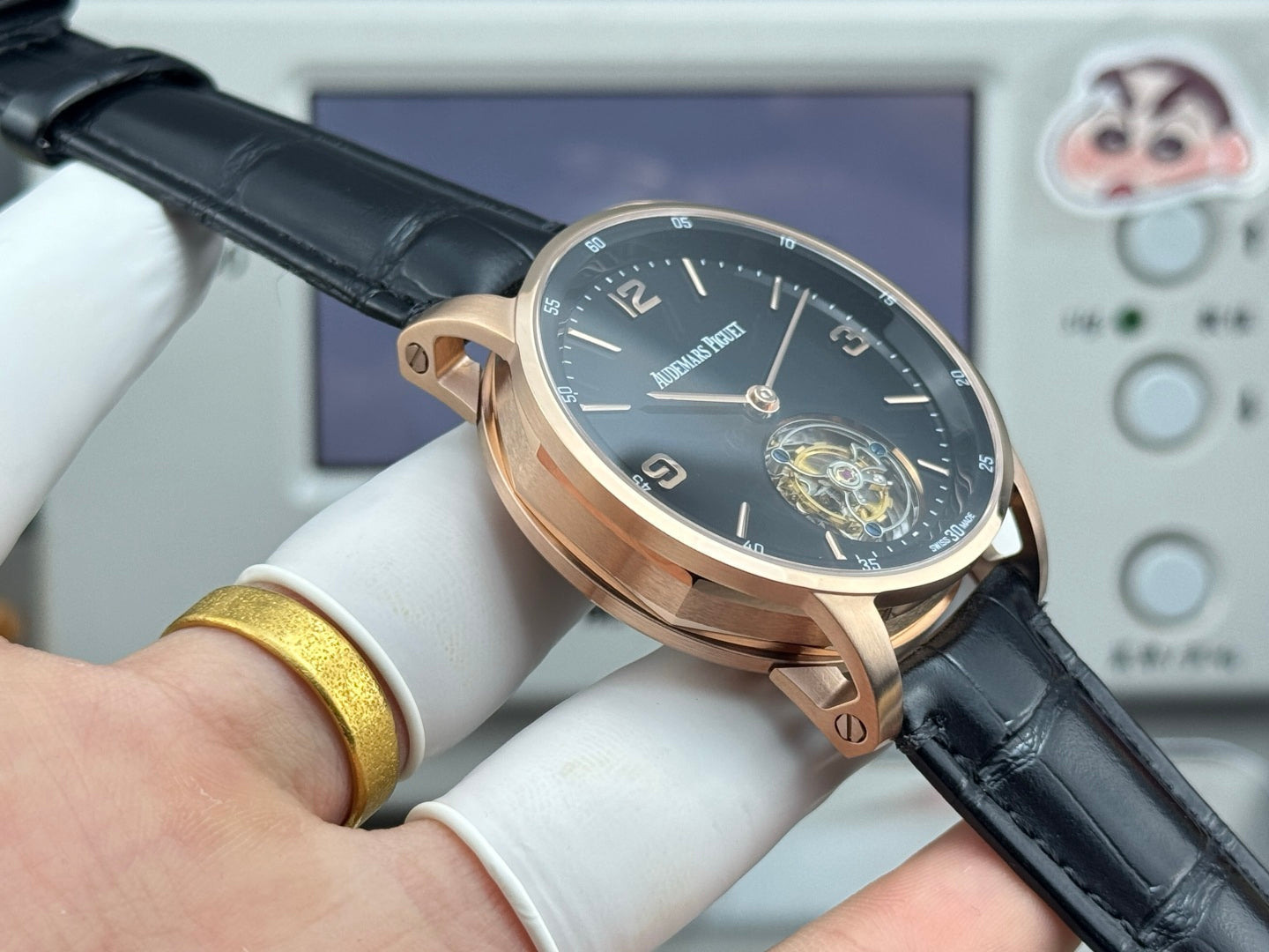 Audemars Piguet Code 11.59 Selfwinding Flying Tourbillon Rose Gold Case Black Dial Leather Strap