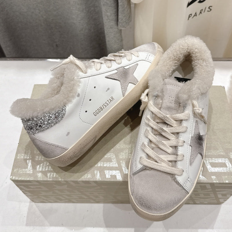 Golden Goose 2025 Wool-Lined Dirty Sneaker Ivory Silver Cowhide 491656