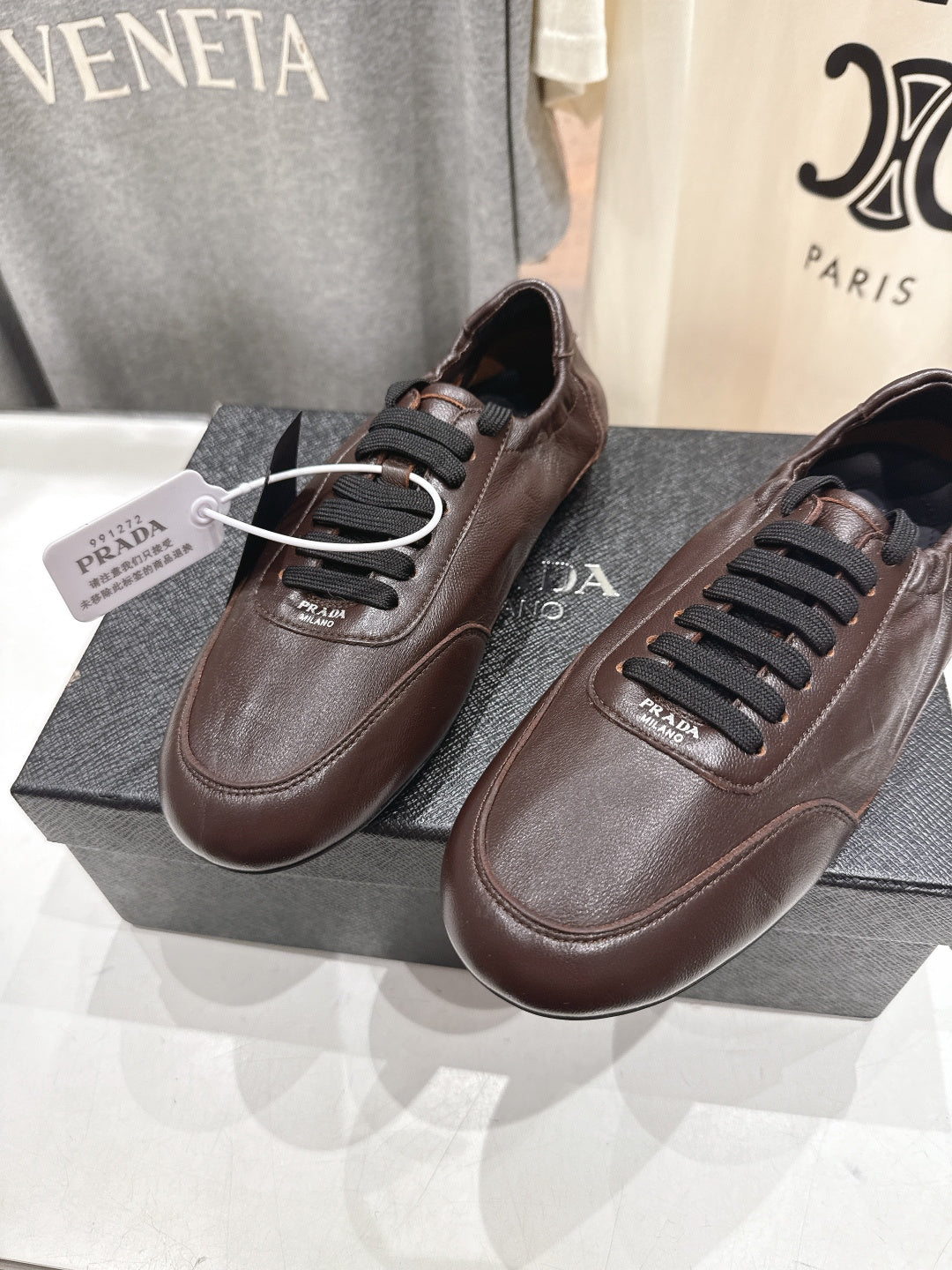 Prada 25s ballet flats dark brown sheepskin 535498