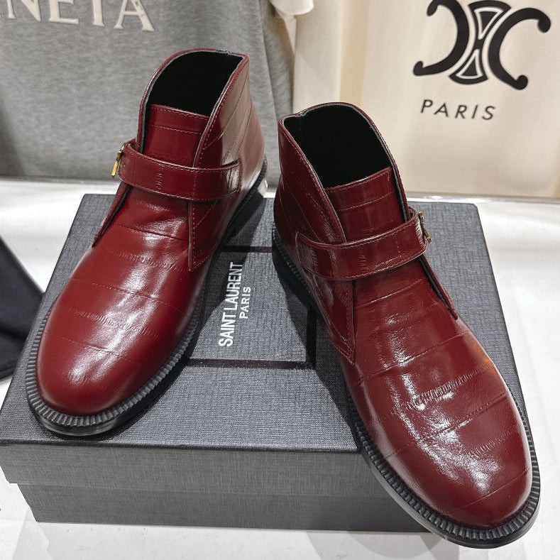 YSL 2025 Brogue Chelsea Ankle Boots Loafer Burgundy Cowhide 567585