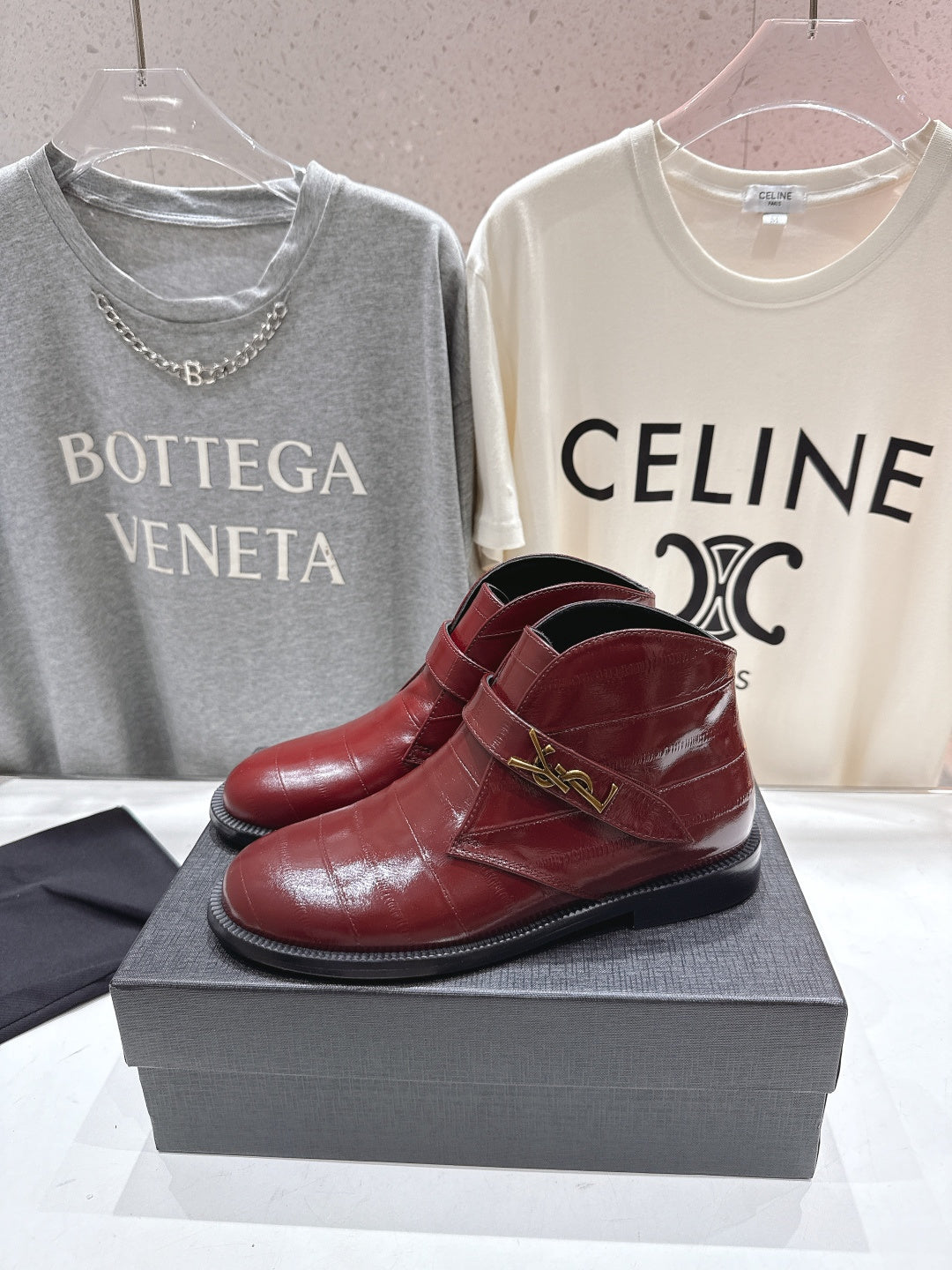 YSL 2025 Brogue Chelsea Ankle Boots Loafer Burgundy Cowhide 567585