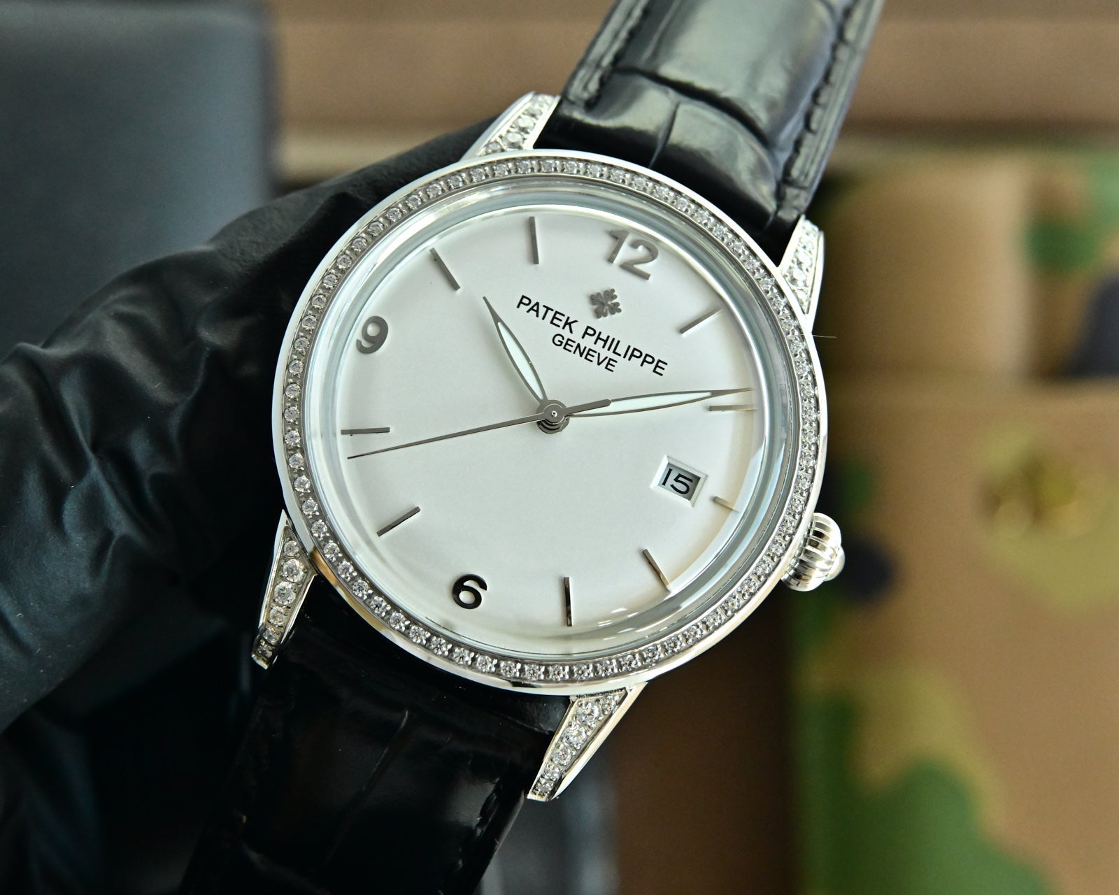 Patek Philippe Calatrava 40mm Diamond Benzel White Dial Black Strap
