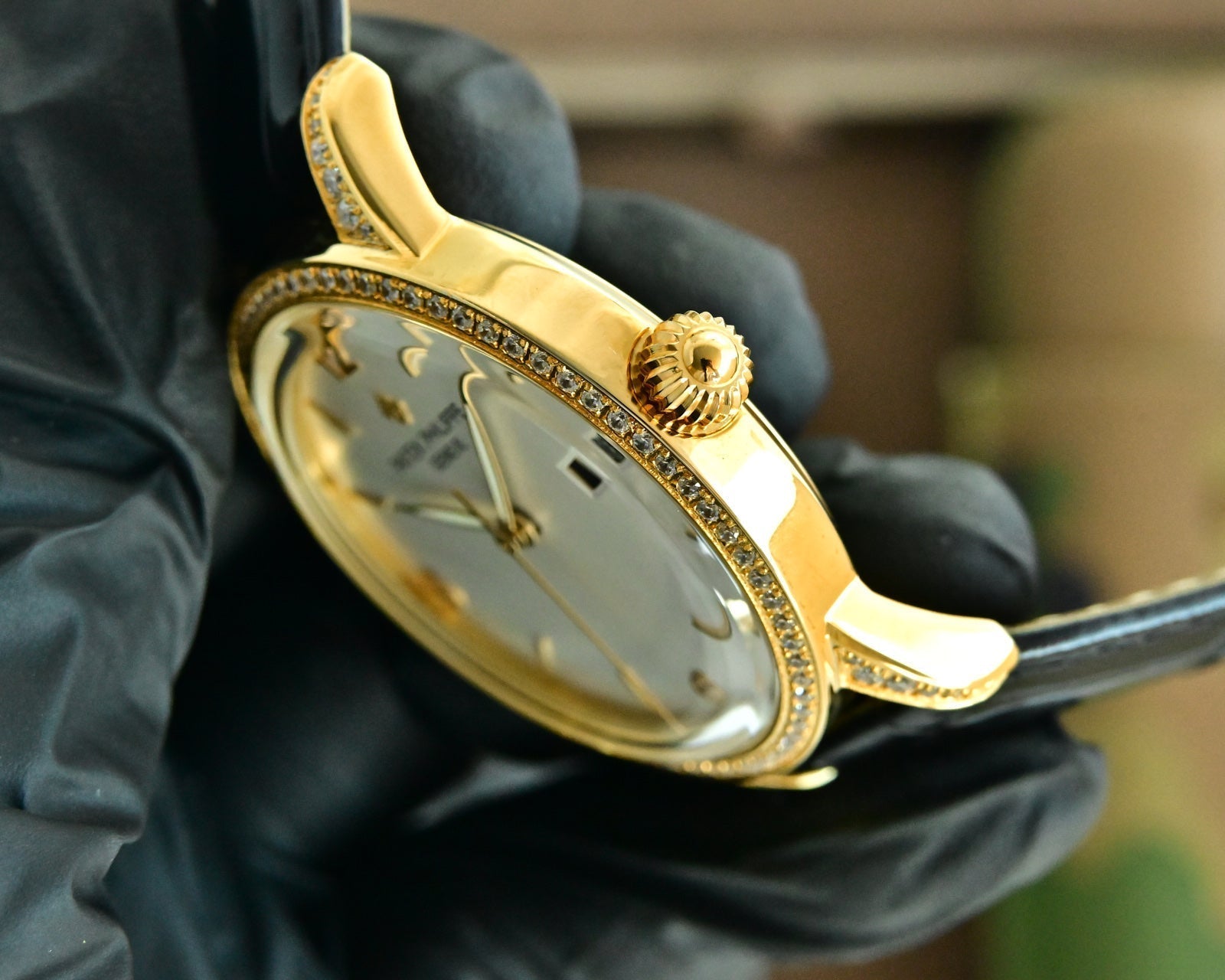 Patek Philippe Calatrava 40mm Diamond Benzel White Dial Black Strap