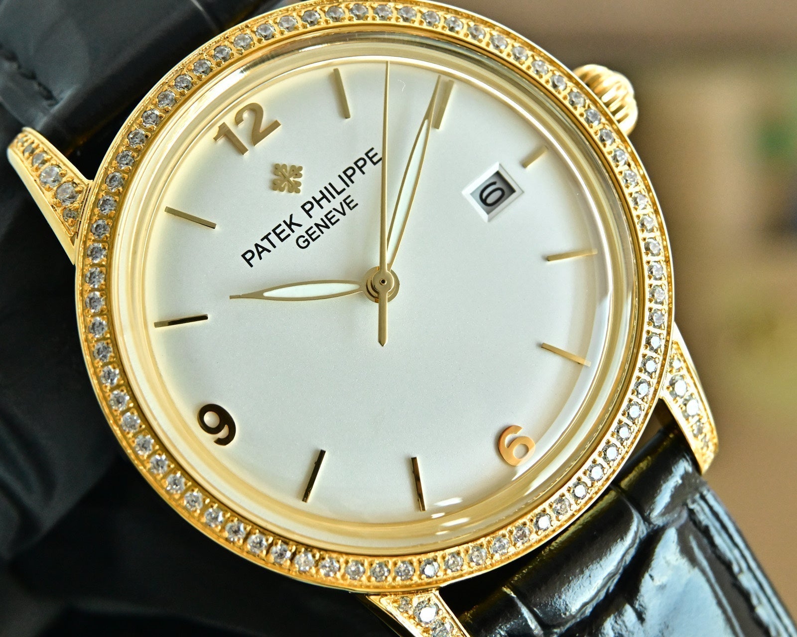 Patek Philippe Calatrava 40mm Diamond Benzel White Dial Black Strap
