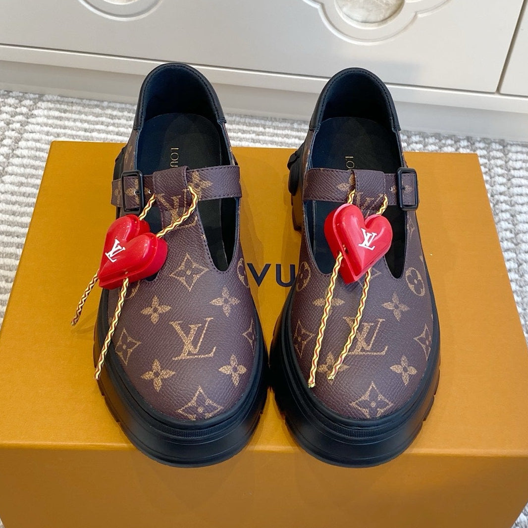 LV 2026 T-strap Loafer With Heart-shaped Brown Red Canvas Cowhide 595877